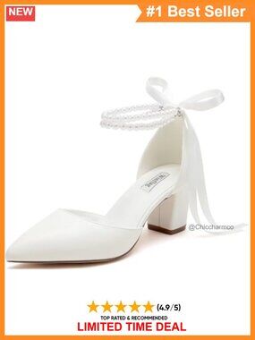 Pearl Block Heel Wedding Shoes Pointed Toe Bridal Pumps with Ankle Strap